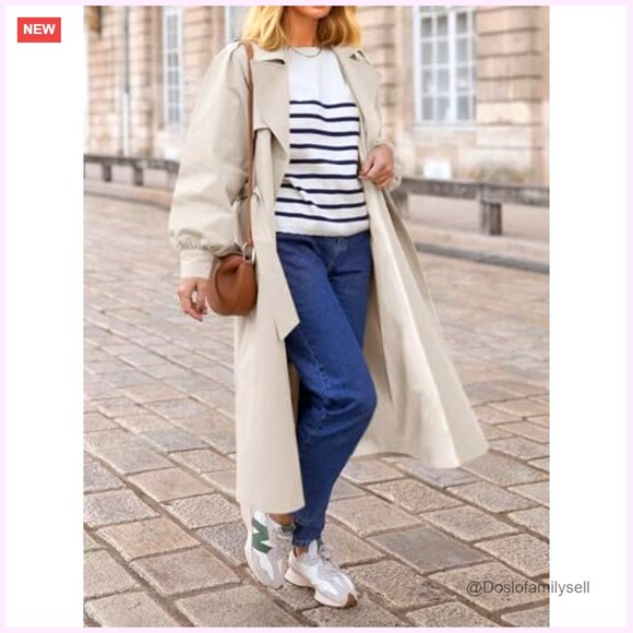 Long Trench Coat Oversized Double Breasted Lapel Overcoat Outerwear with Belt - Picture 2 of 7